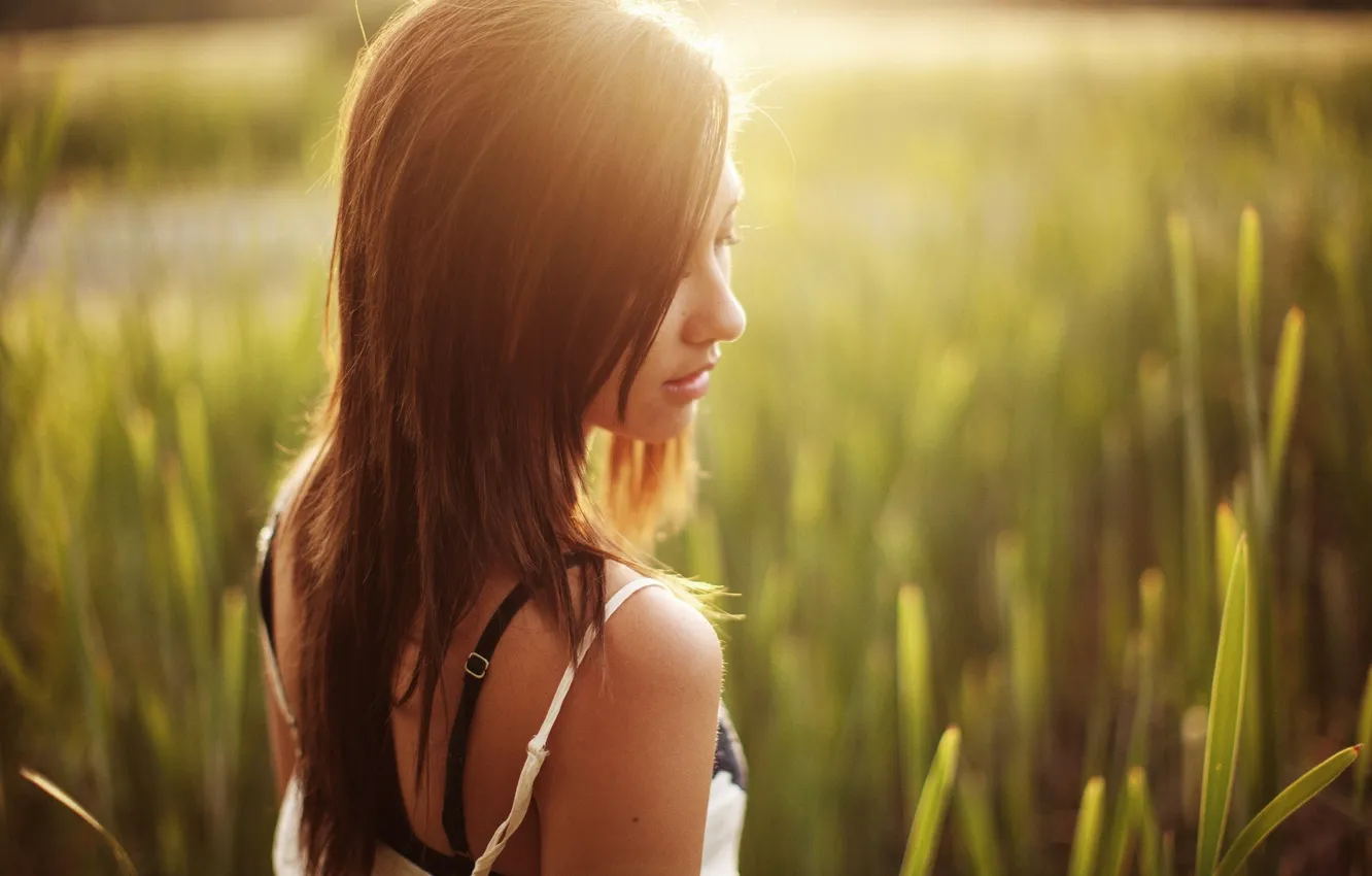 Photo wallpaper greens, grass, girl, the sun, nature, brunette