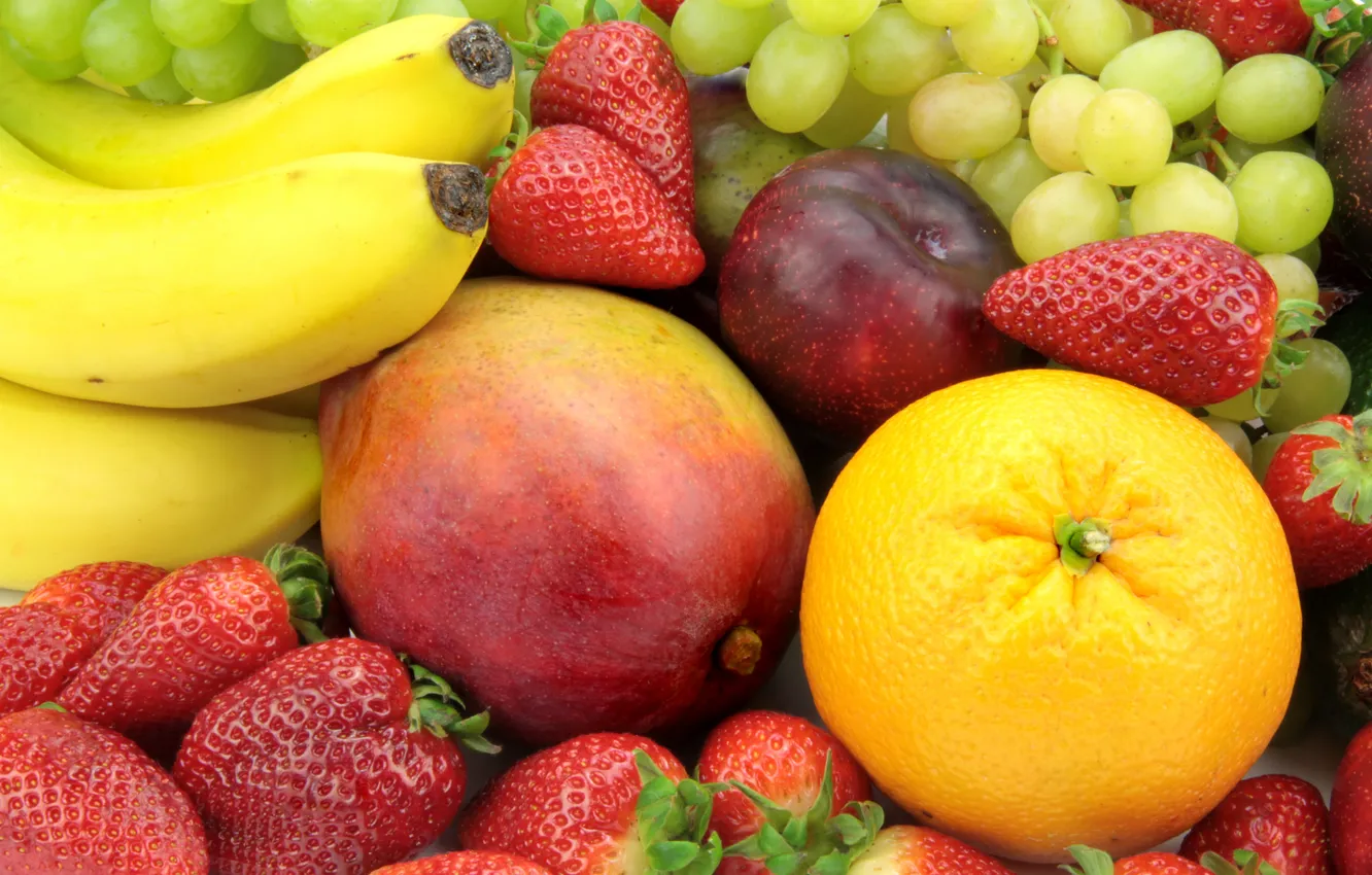 Photo wallpaper berries, orange, food, strawberry, grapes, bananas, fruit, vitamins