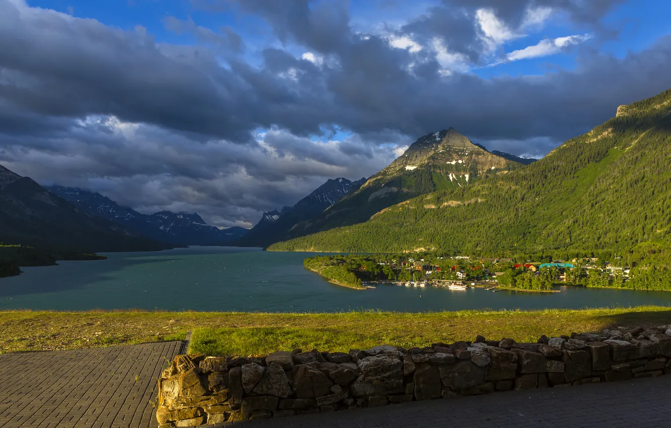 Photo wallpaper mountains, lake, shore, Canada, town, forest, Waterton Lakes National Park