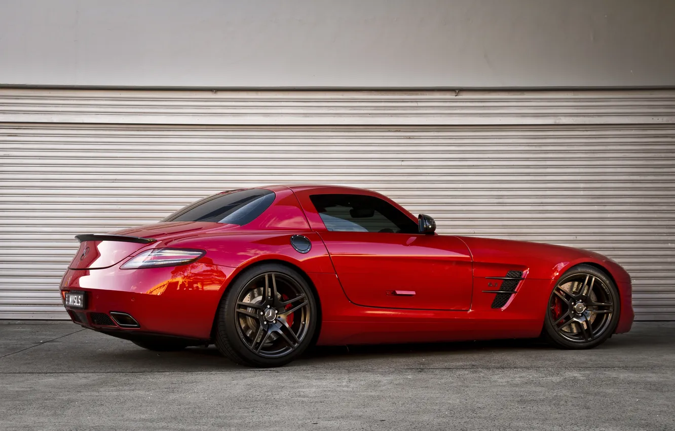 Photo wallpaper red, reflection, wall, shadow, red, SLS AMG, Mercedes Benz, rear view