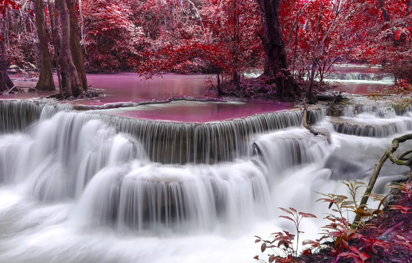 Photo wallpaper river, autumn, waterfall, purple, Flow