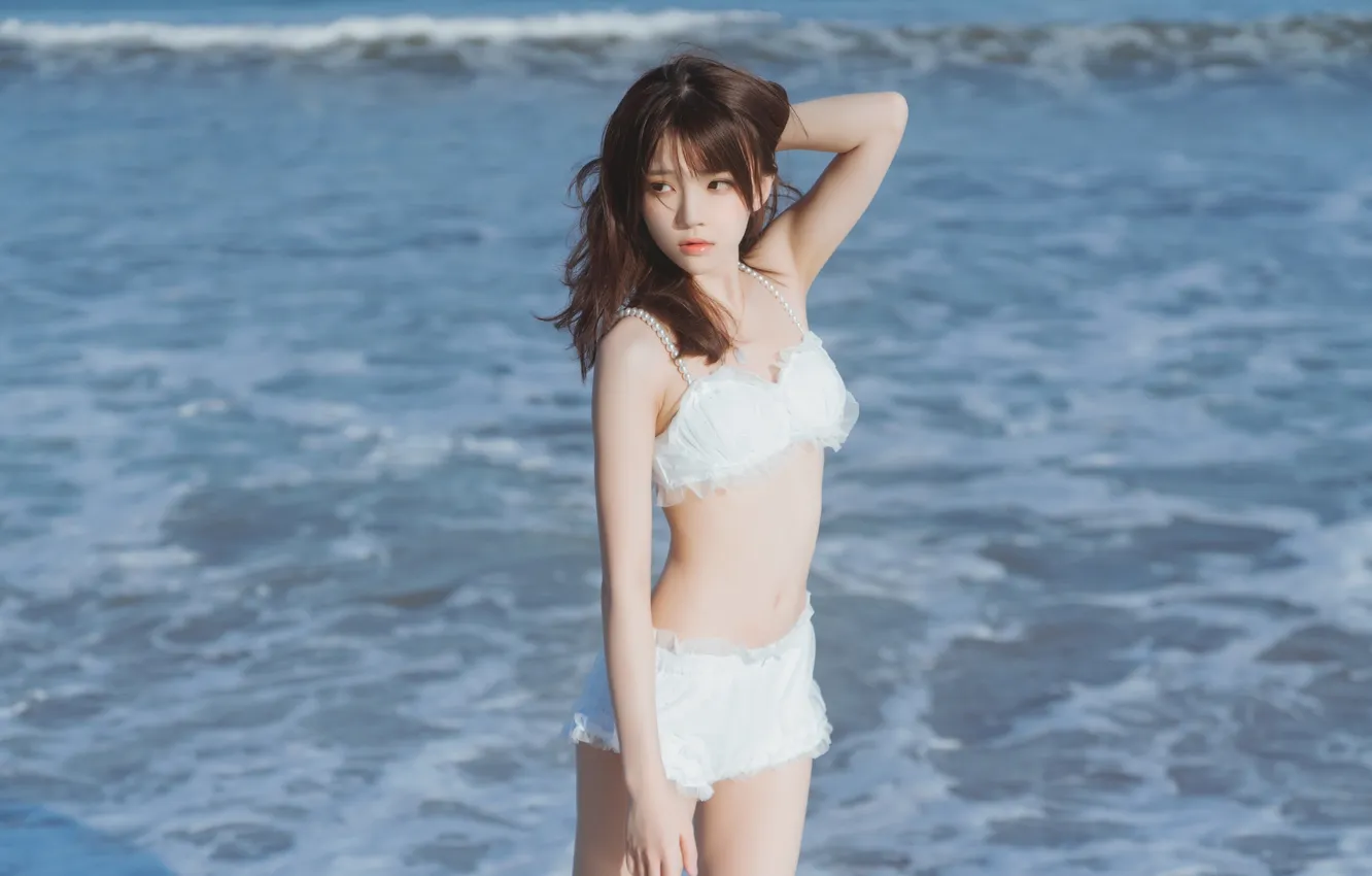 Photo wallpaper beach, sea, ocean, coast, woman, water, beautiful, model