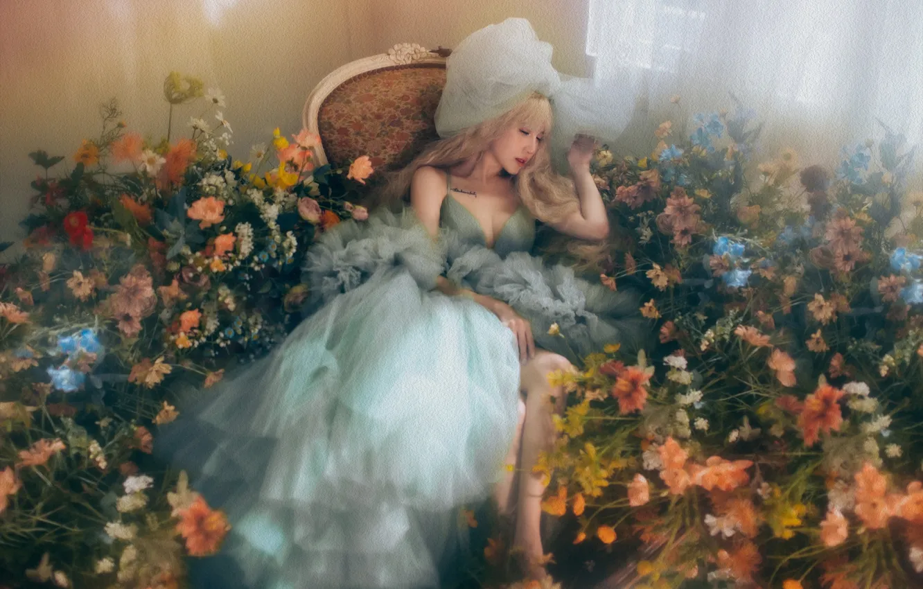 Photo wallpaper girl, flowers, pose, style, room, blue, sleep, treatment