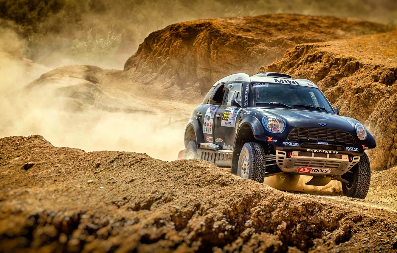Photo wallpaper machine, race, black, sport, desert, speed, Mini, dust