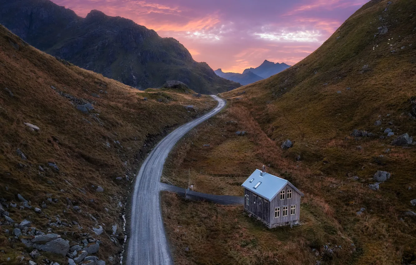 Photo wallpaper road, mountains, home, house, the