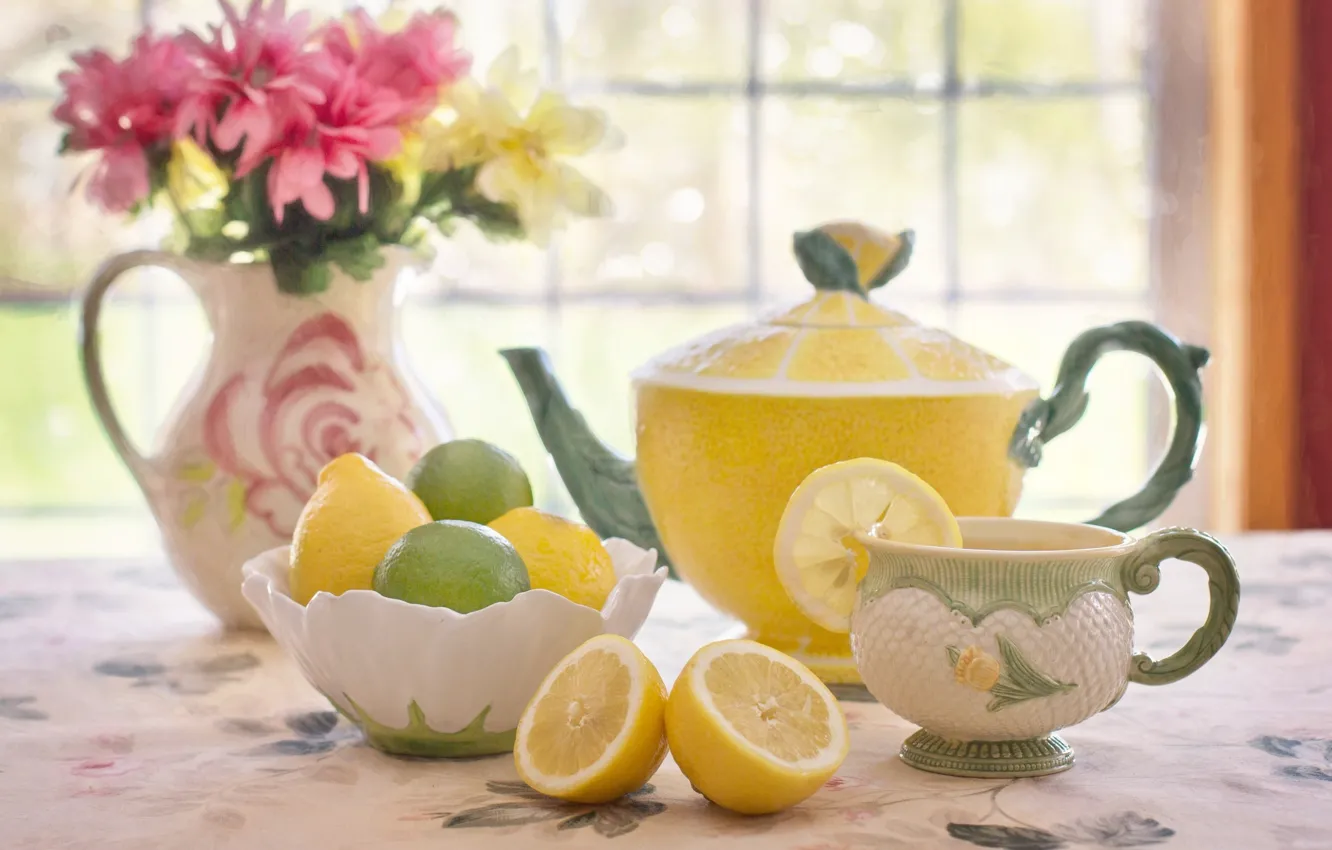 Photo wallpaper flowers, lemon, tea, bouquet, kettle, Cup, lime, citrus