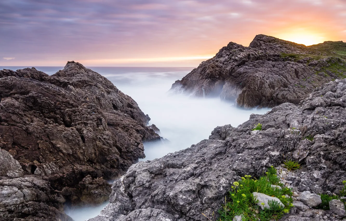 Photo wallpaper sea, the sun, clouds, fog, stones, rocks, dawn, shore