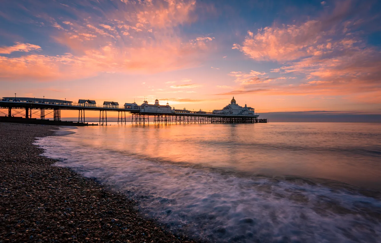Photo wallpaper sea, the sky, clouds, sunset, pebbles, stones, rocks, shore