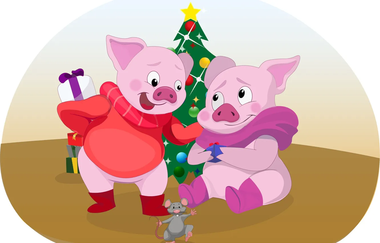 Photo wallpaper tree, new year, mouse, pig