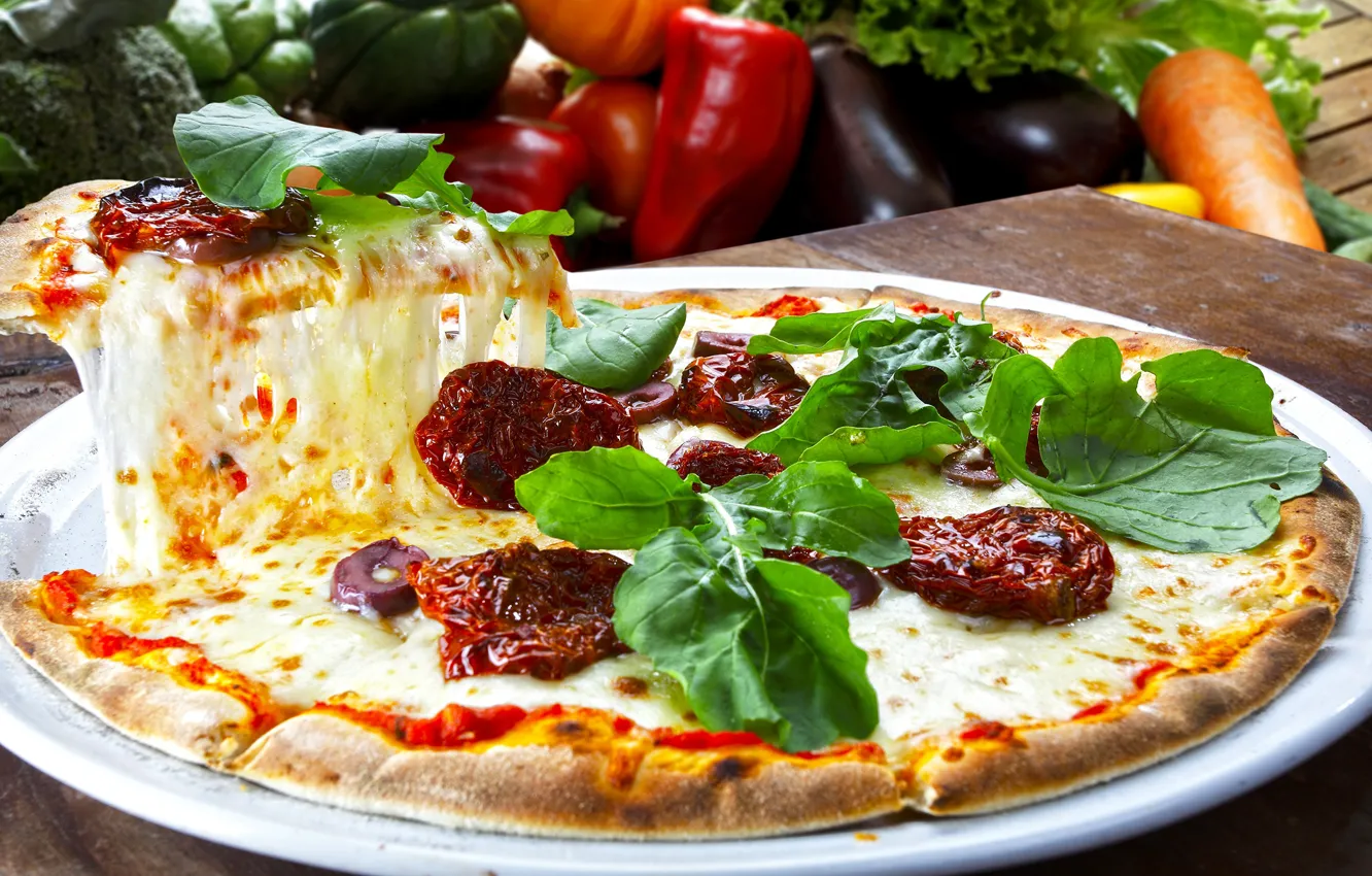 Photo wallpaper greens, cheese, pizza, sausage, pizza, cheese, pepper, ncnca