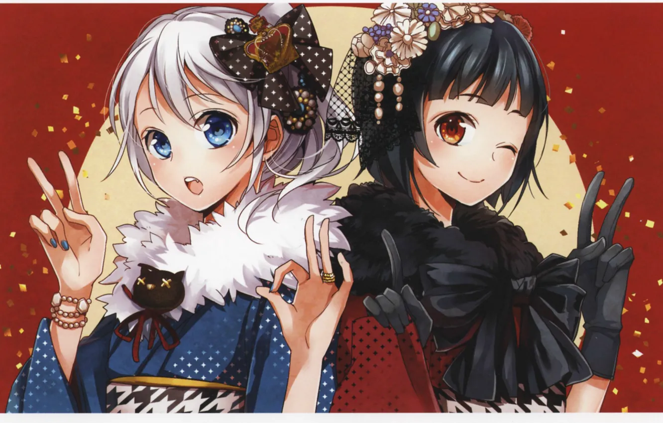 Photo wallpaper decoration, fur, kimono, blue eyes, gesture, friend, wink