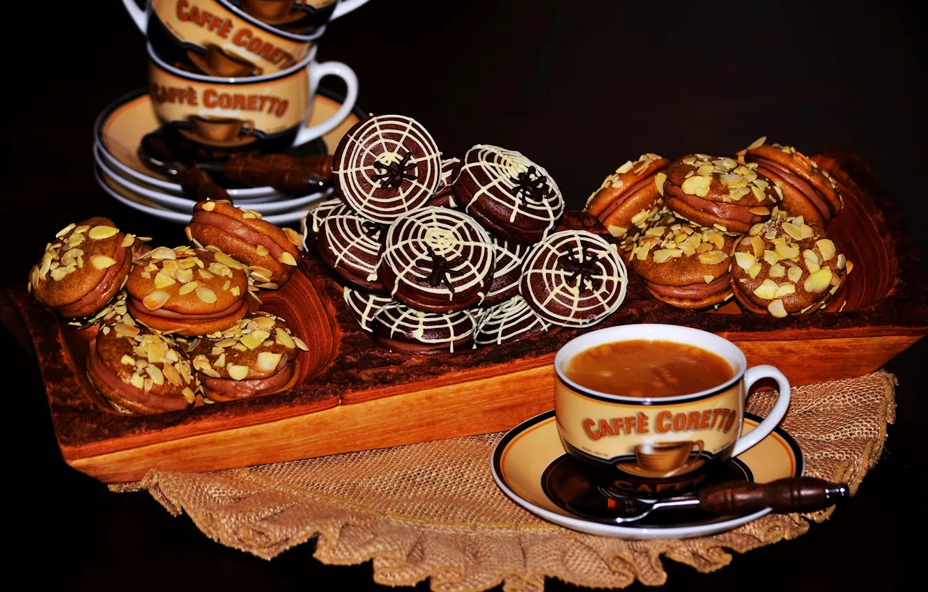 Photo wallpaper cookies, mug, black background, saucer, cakes, cookies, black background, mug