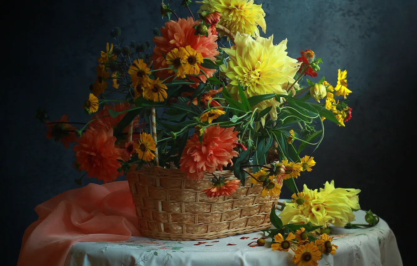 Photo wallpaper flowers, bouquet, still life, basket, dahlias
