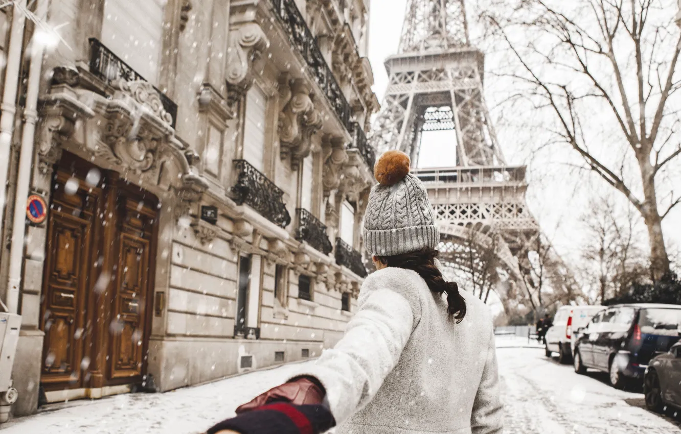 Photo wallpaper wallpaper, Paris, love, woman, France, winter, snow, street