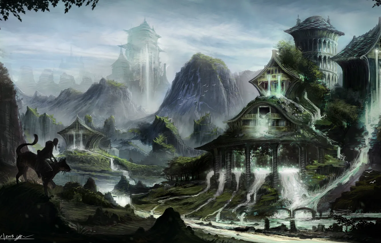 Photo wallpaper cat, mountains, thickets, waterfall, home, figure, art, the old man