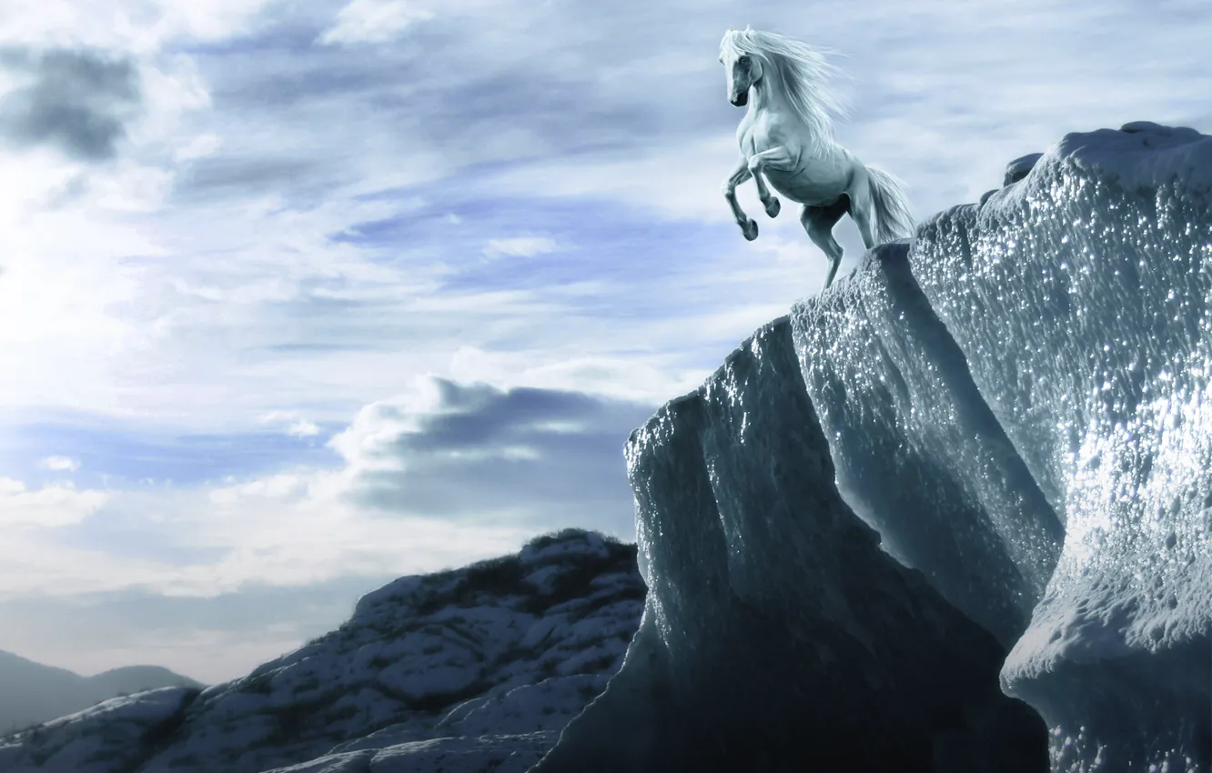 Photo wallpaper white, the sky, look, clouds, rocks, horse, height, art