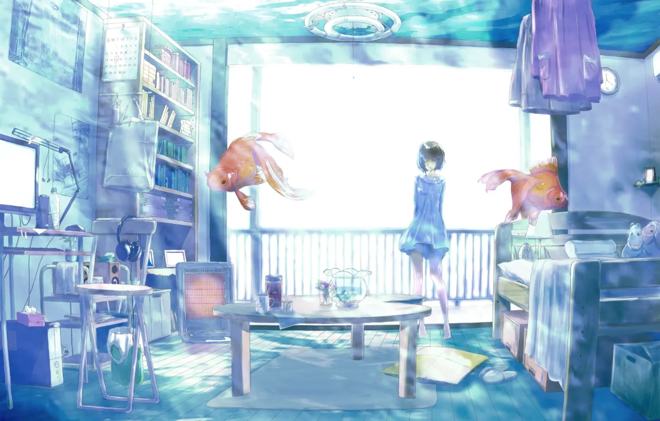 Photo wallpaper girl, fish, fish, room, interior, art, gold, rery rr23