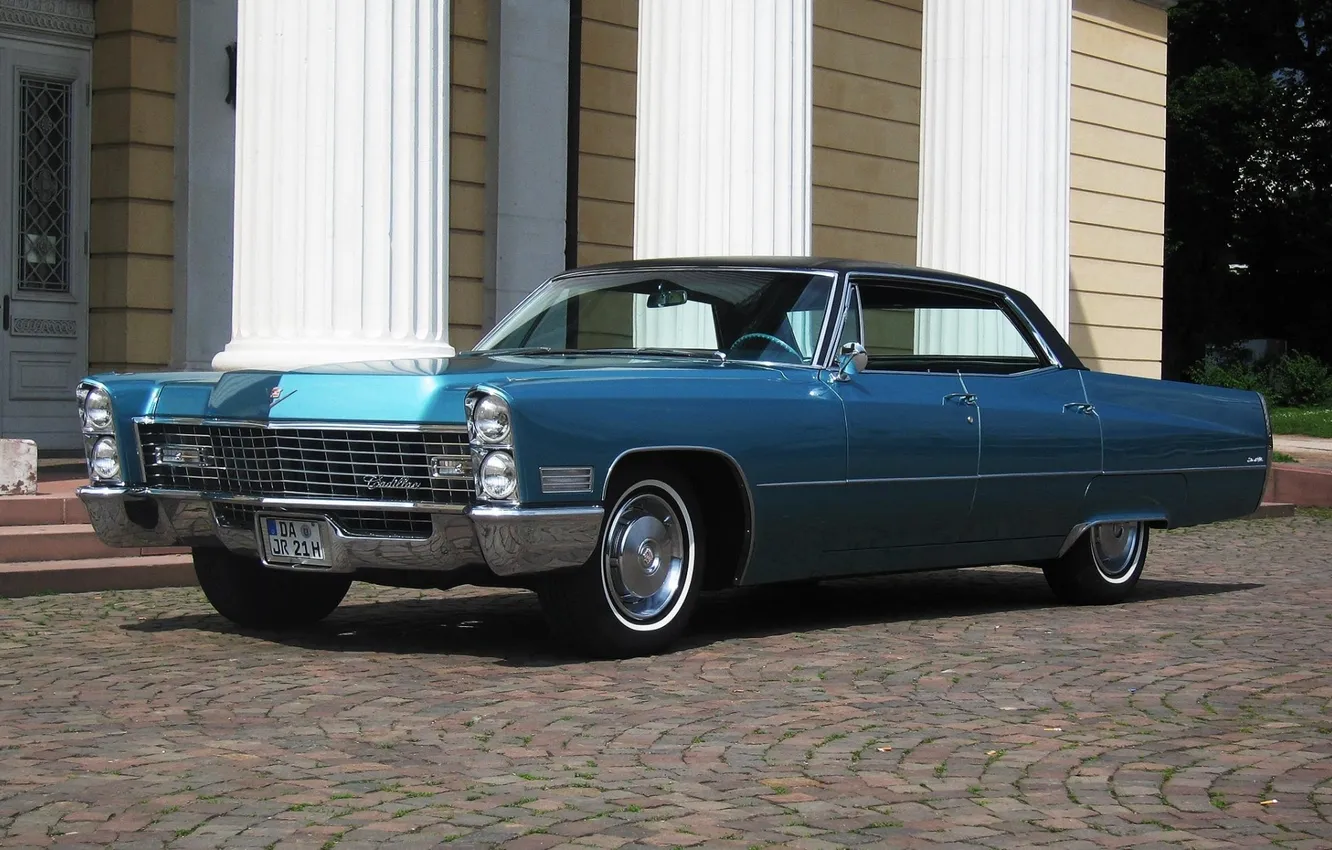 Photo wallpaper blue, Cadillac, columns, sedan, 1967, the front, Cadillac, Sedan