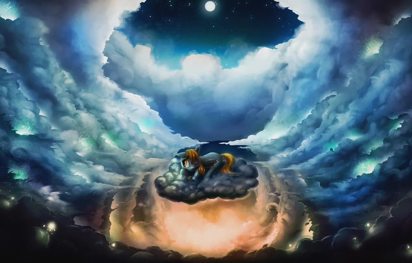Photo wallpaper clouds, night, the moon, cartoon, pony