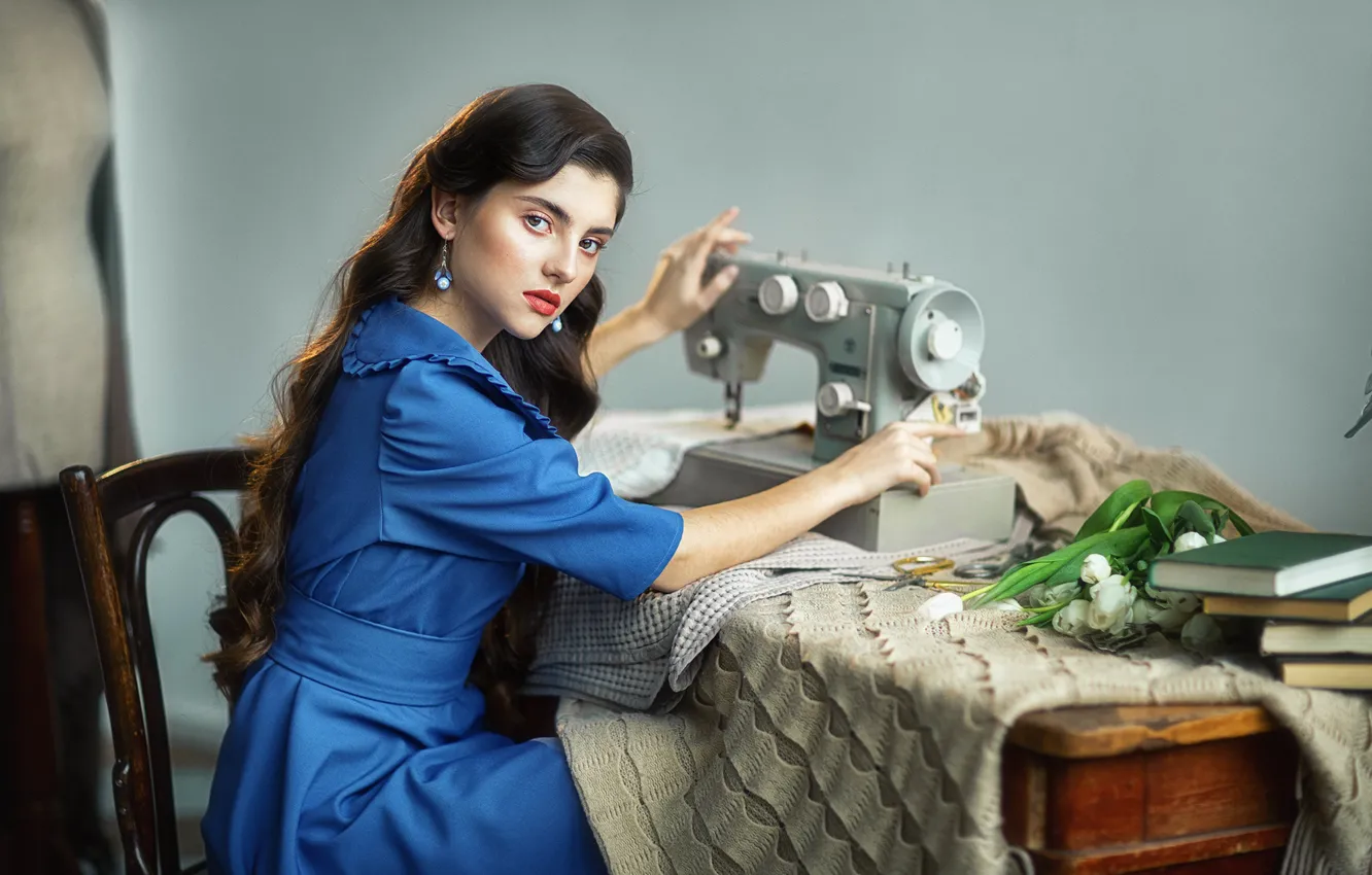 Photo wallpaper look, girl, flowers, pose, photo, books, brunette, sewing machine