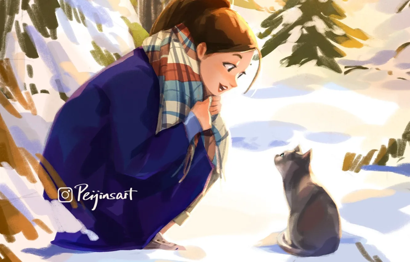 Photo wallpaper winter, joy, kitty, scarf, girl, squat, by Peijin Yang
