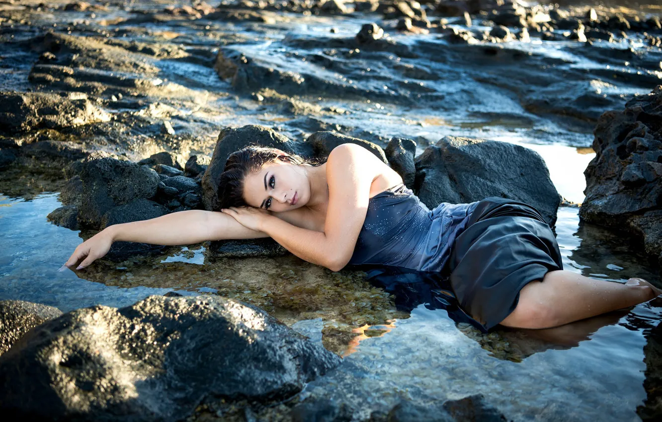 Photo wallpaper water, girl, pose, stones, the situation, Desiree