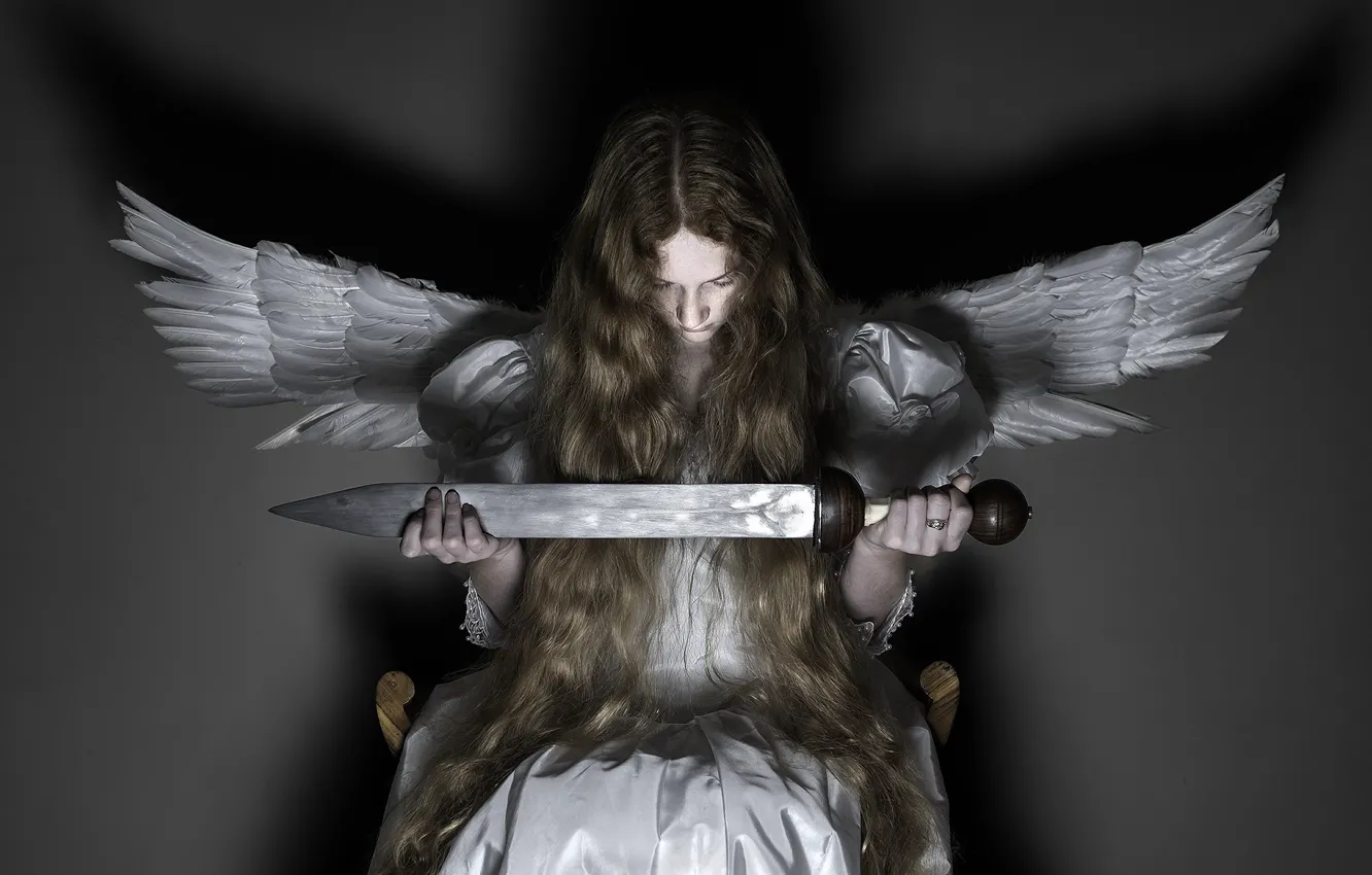 Photo wallpaper girl, wings, sword