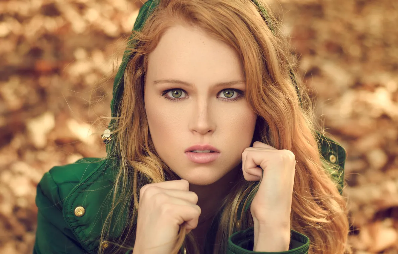 Photo wallpaper autumn, look, girl, face, jacket, blonde, hood