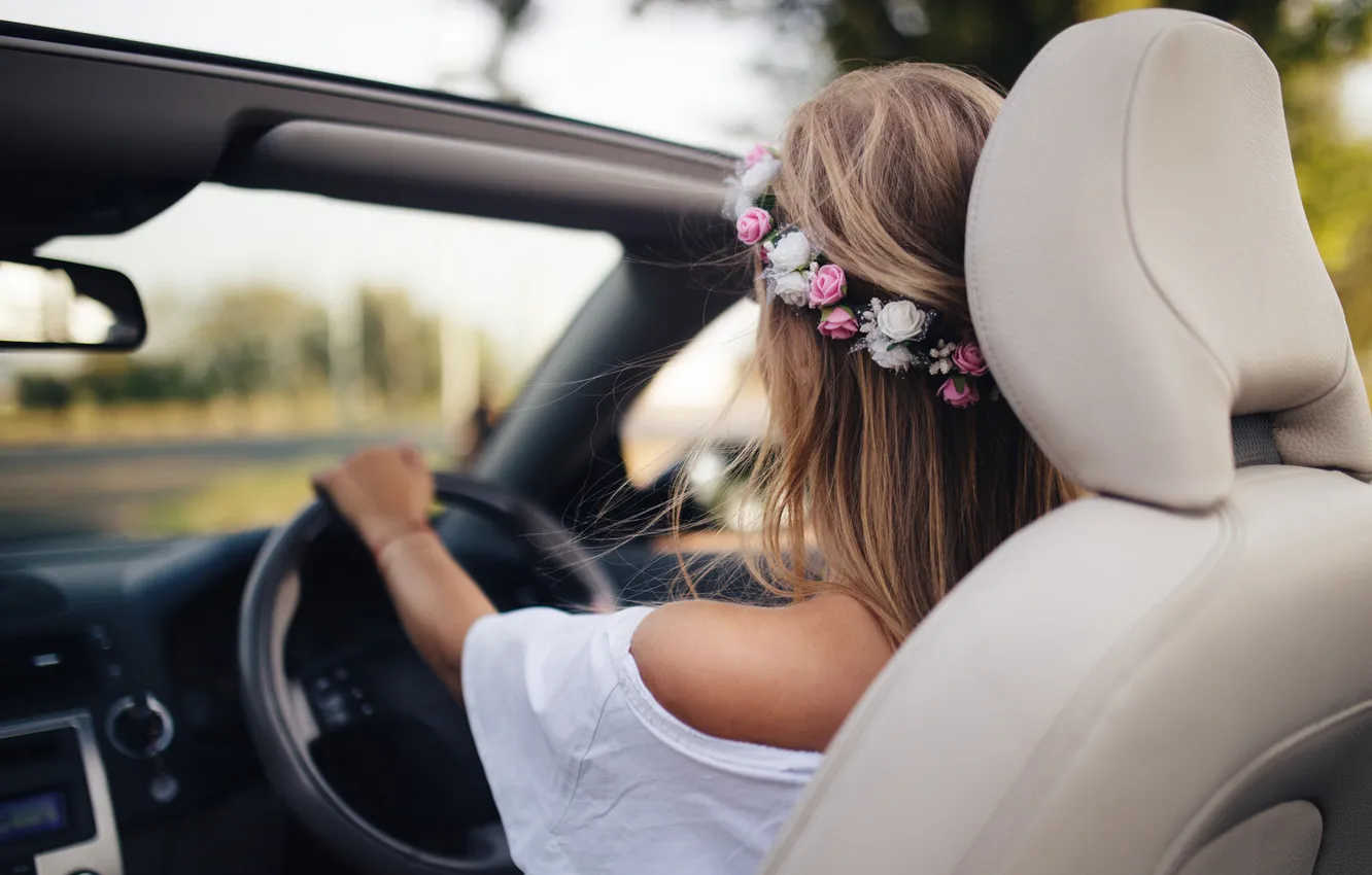 Photo wallpaper machine, girl, flowers, car, wreath, He's driving