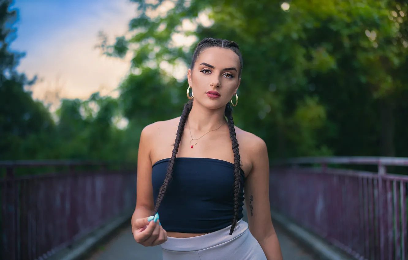 Photo wallpaper look, girl, bridge, model, braids, bokeh, Under