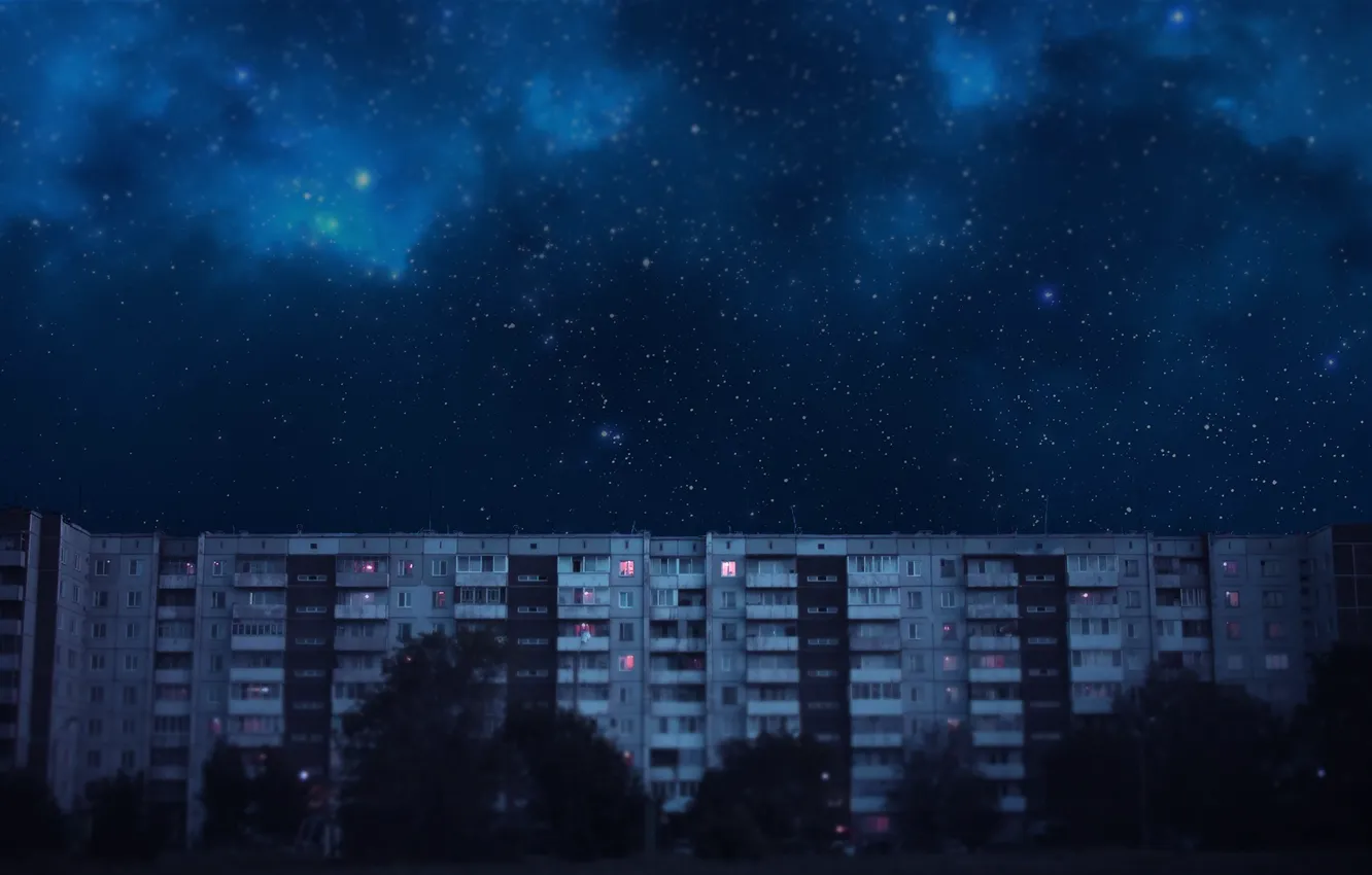 Photo wallpaper stars, trees, building, home, window, the milky way, balcony, nine