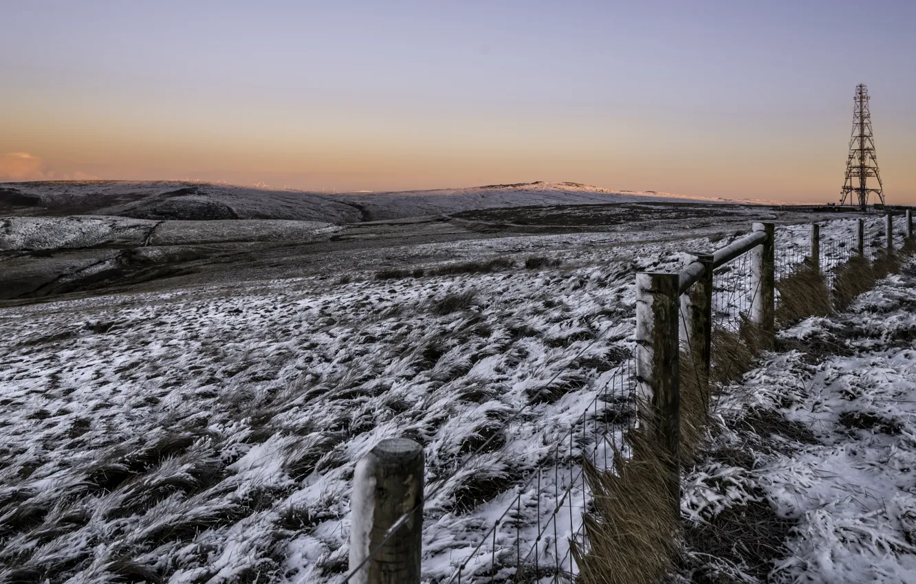 Photo wallpaper snow, the fence, winter, morning, cold, Frozen fields
