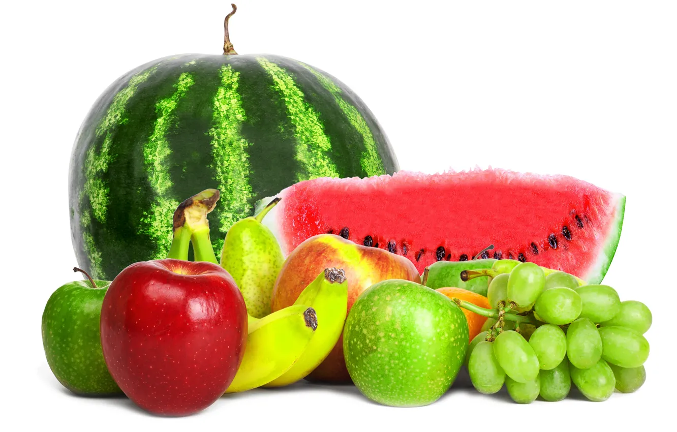 Photo wallpaper berries, apples, watermelon, grapes, bananas, white background, fruit, pear