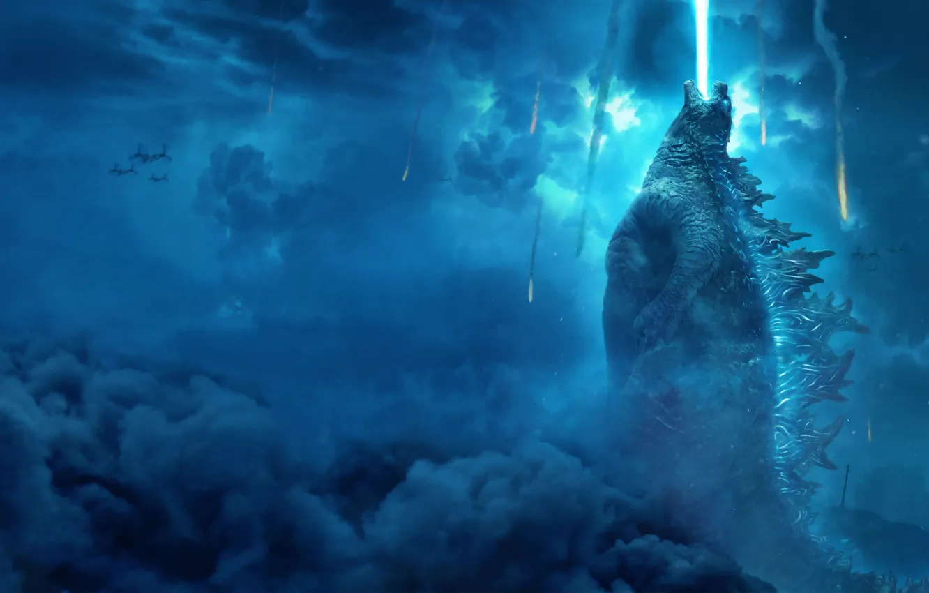 Photo wallpaper fire, Action, fantasy, rain, monster, Lightning, blue, clouds