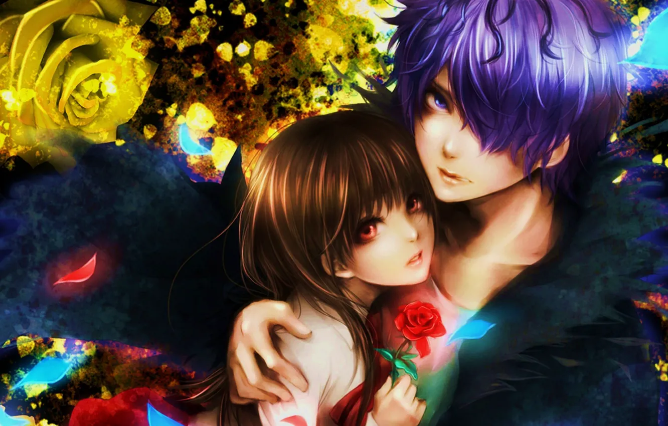 Photo wallpaper look, hugs, two, red eyes, Golden rose, Garry, Mary, scarlet rose