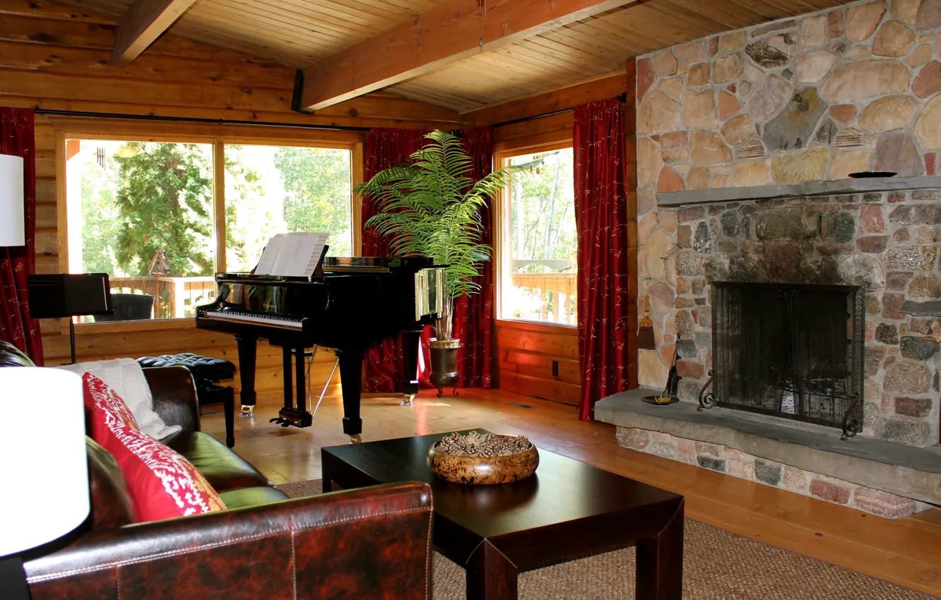 Photo wallpaper design, style, interior, piano, fireplace, living room
