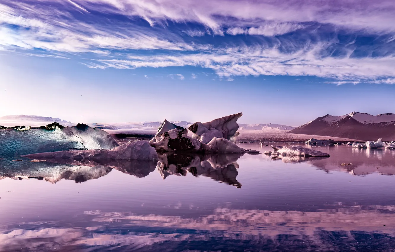 Photo wallpaper ice, the sky, clouds, mountains, reflection, lilac, shore, ice
