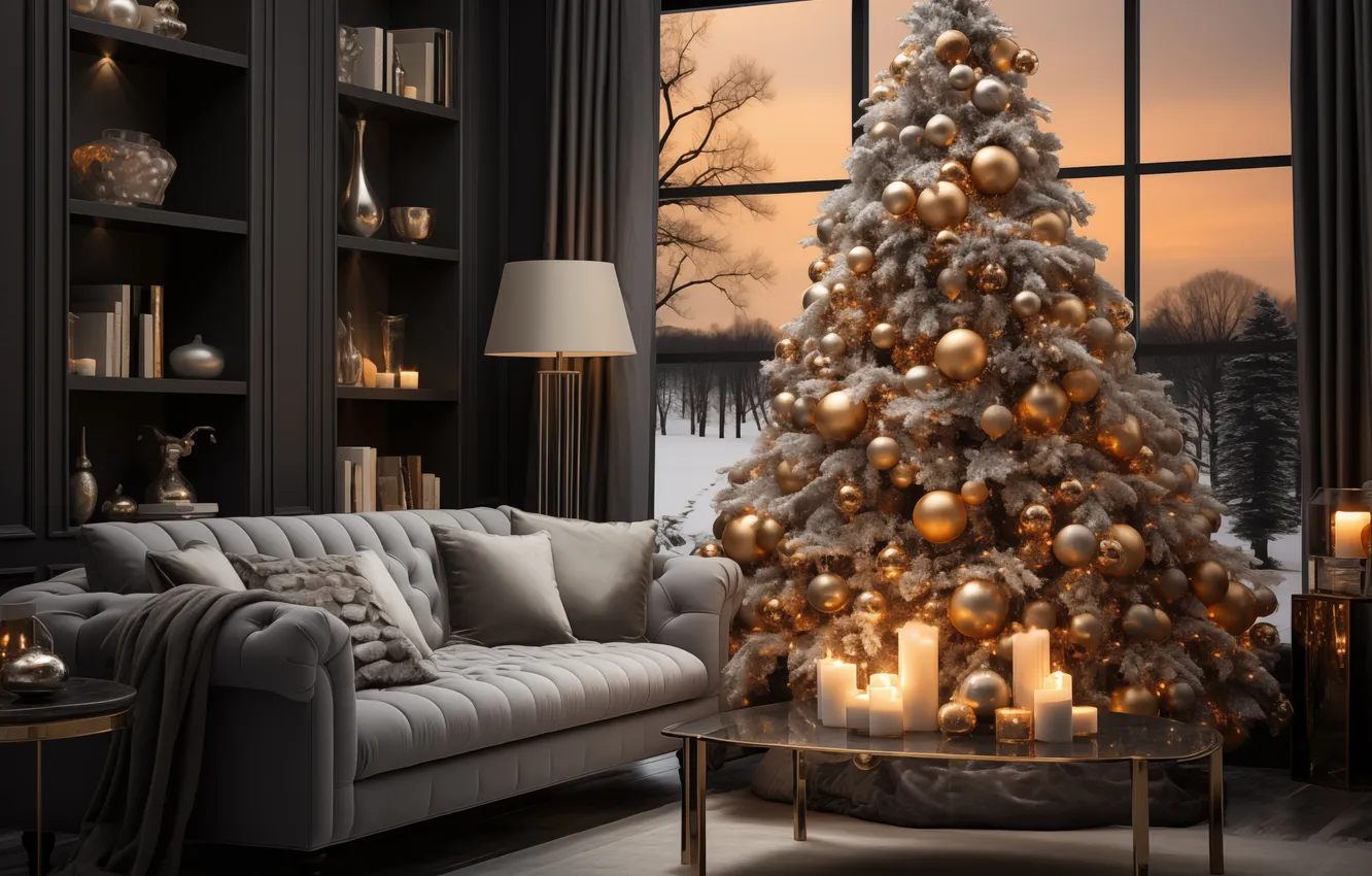 Photo wallpaper decoration, room, tree, interior, Christmas, New year, Christmas, tree
