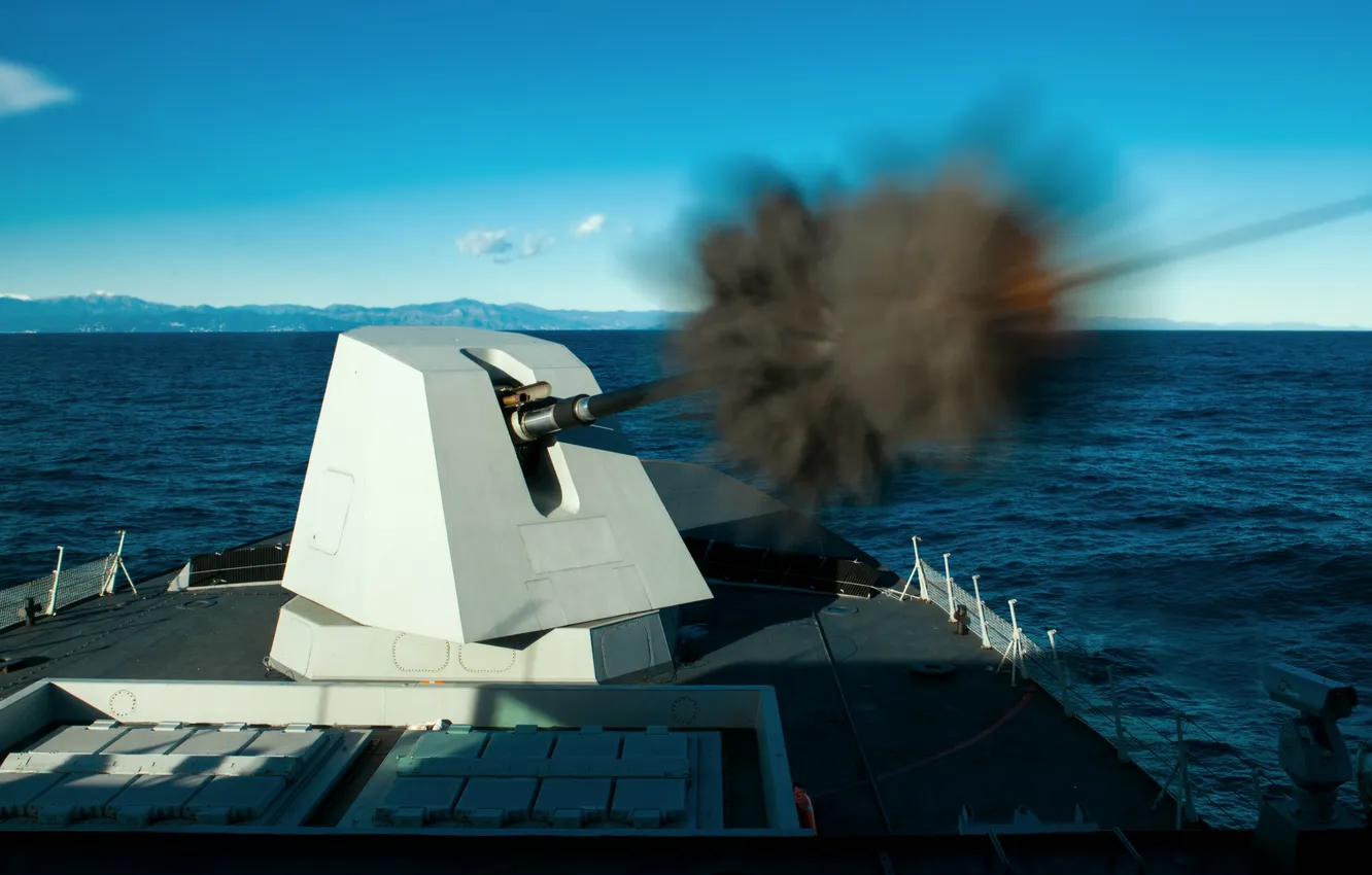 Photo wallpaper shot, ship, gun mount, OTO 127/64 LV Vulcano