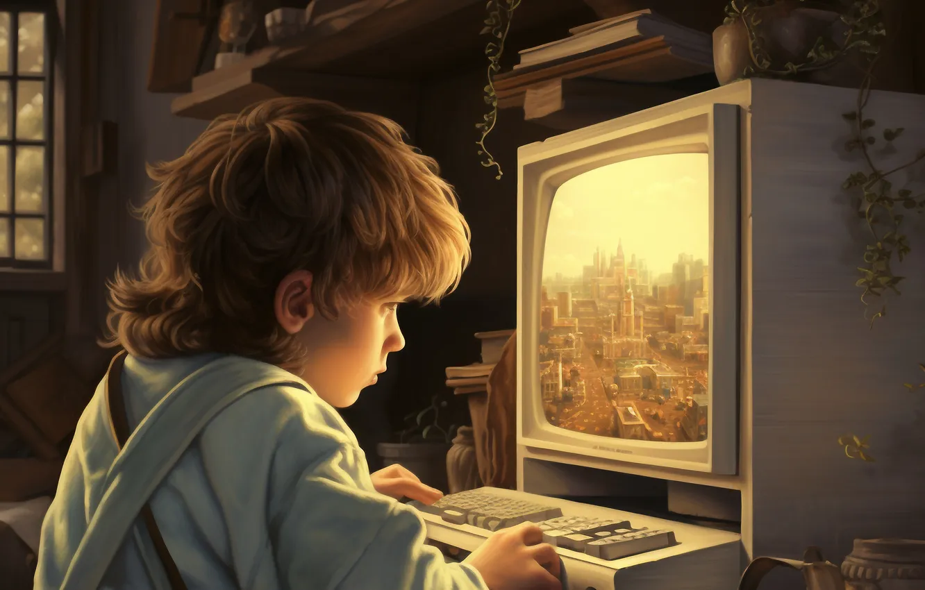 Photo wallpaper computer, boy, monitor, plays, digital art, AI art, The Art of Artificial Intelligence, neural network