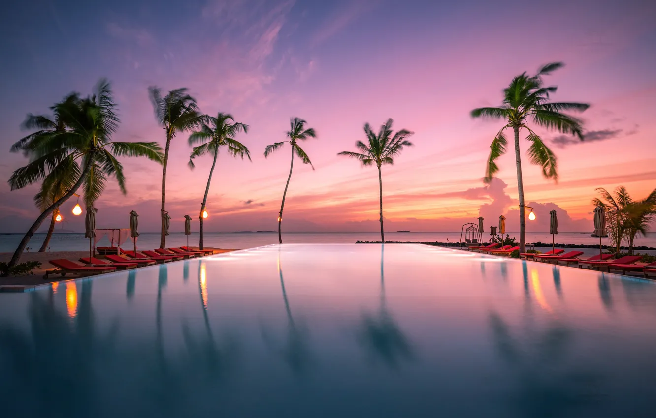 Photo wallpaper sunset, tropics, palm trees, the ocean, pool, Maldives, The Indian ocean, Indian Ocean
