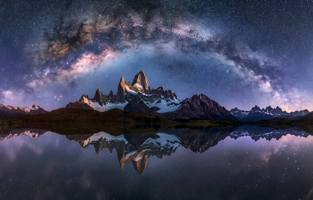 Photo wallpaper dreams, mountains, night, lake, space, galaxy, the milky way, the reflection in the water