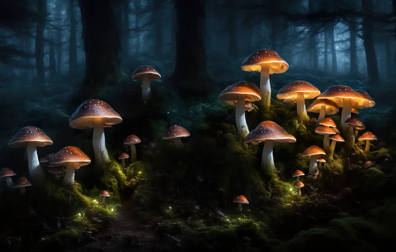 Photo wallpaper forest, art, fog, digital art, mushrooms, Stable Diffusion, Neuronet, AI Art