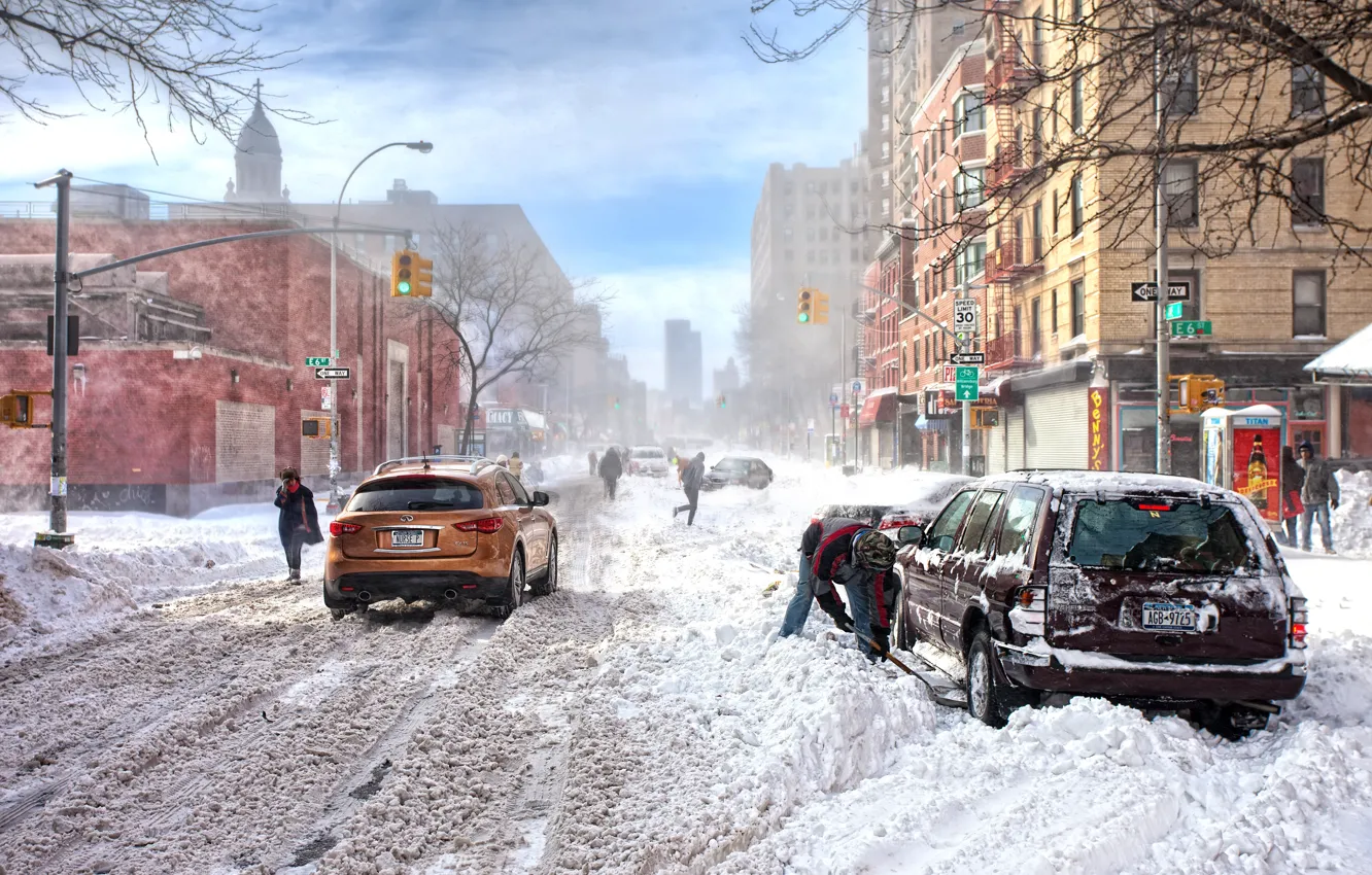Photo wallpaper winter, snow, Wallpaper, street, storm, New York, traffic light, Infiniti