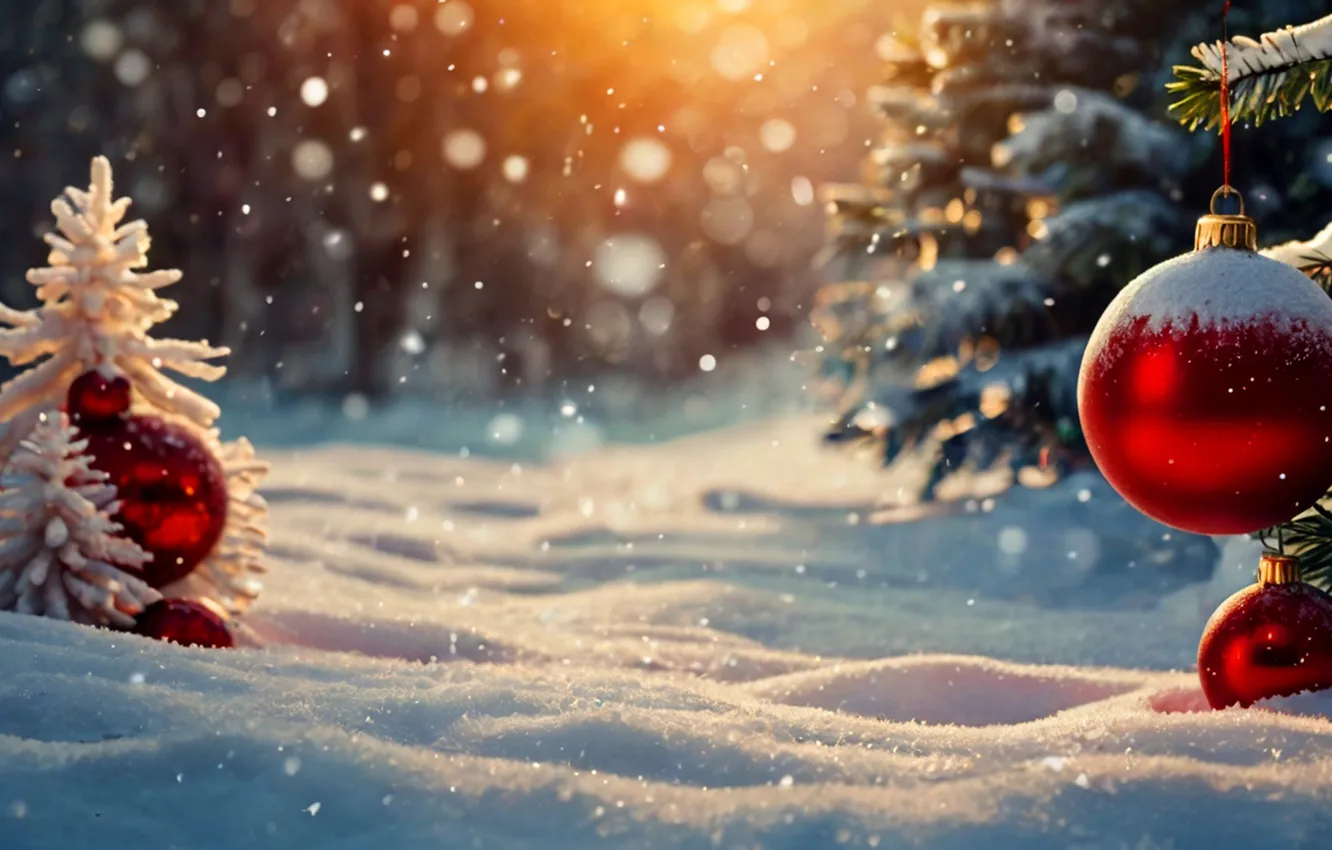Photo wallpaper balls, snow, tree, new year
