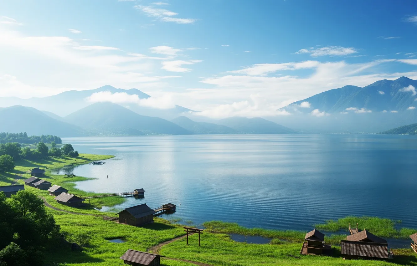 Photo wallpaper the sky, water, clouds, mountains, lake, Wallpaper, art, wallpaper