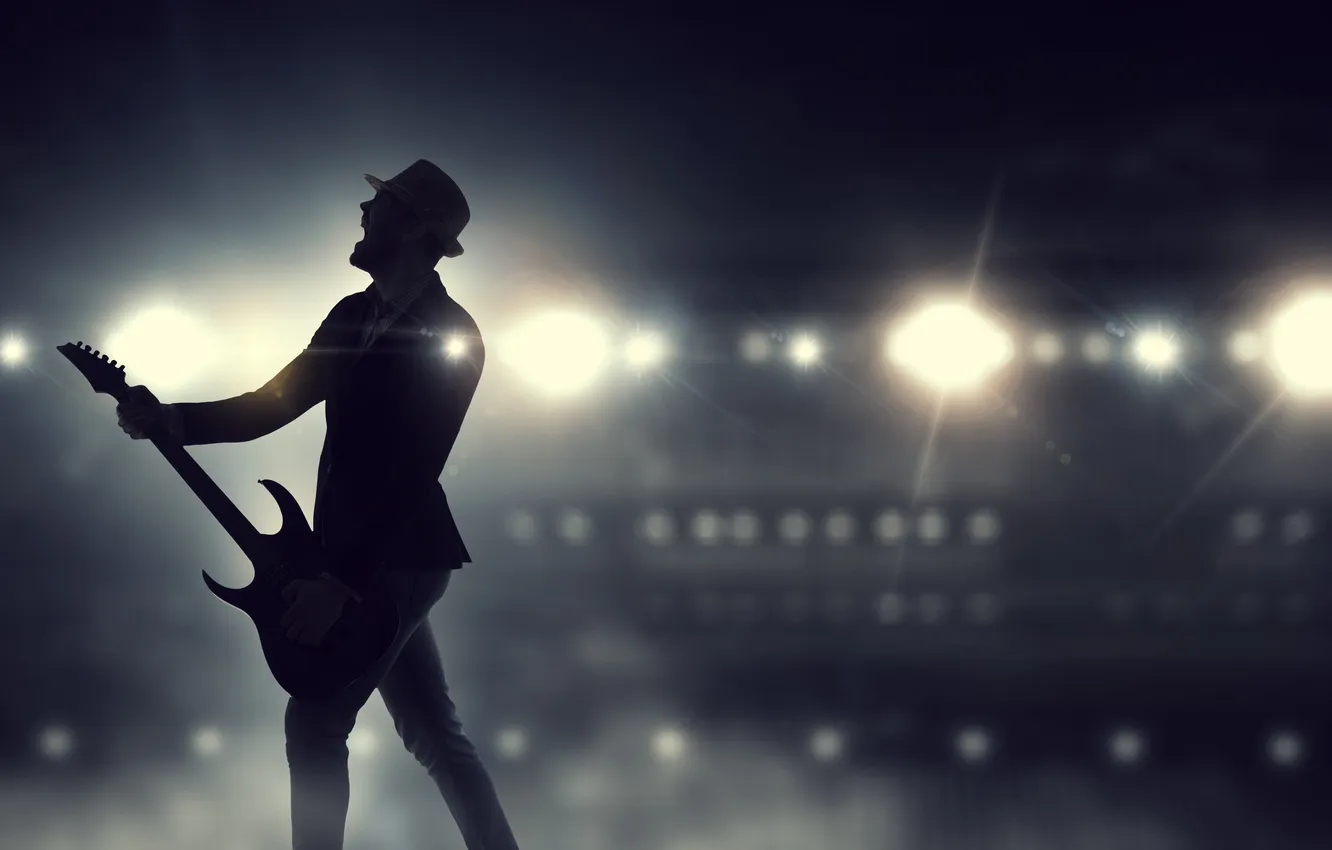 Photo wallpaper play, rocker, rock, player, roll, shadow, silhouette, Performer