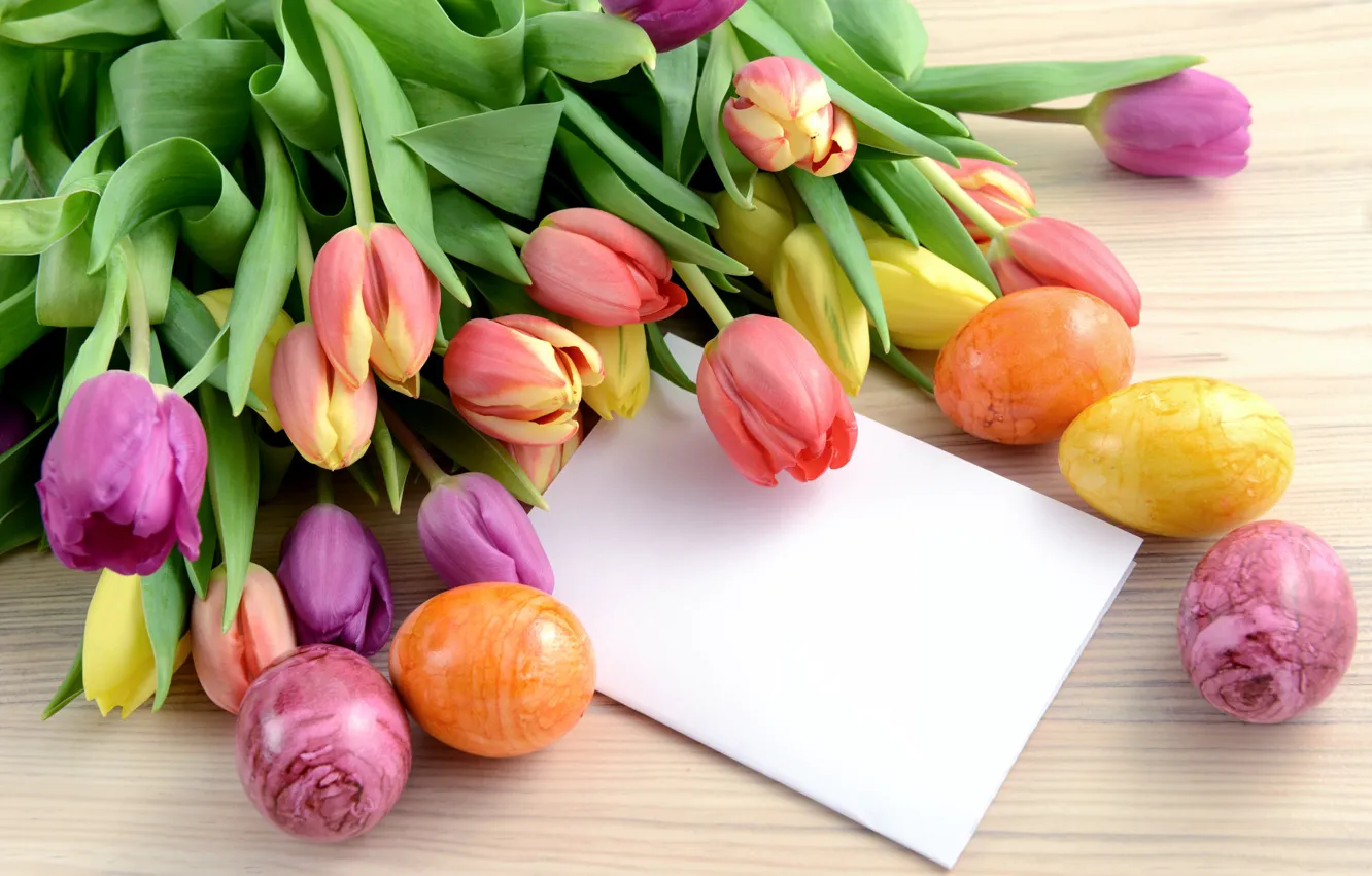 Photo wallpaper flowers, holiday, eggs, Easter, tulips, card, Easter, eggs