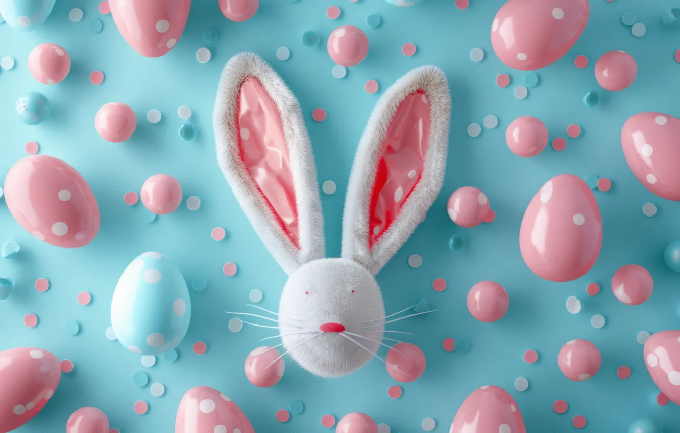 Photo wallpaper holiday, toy, eggs, rabbit, Easter, ears, blue background, AI art