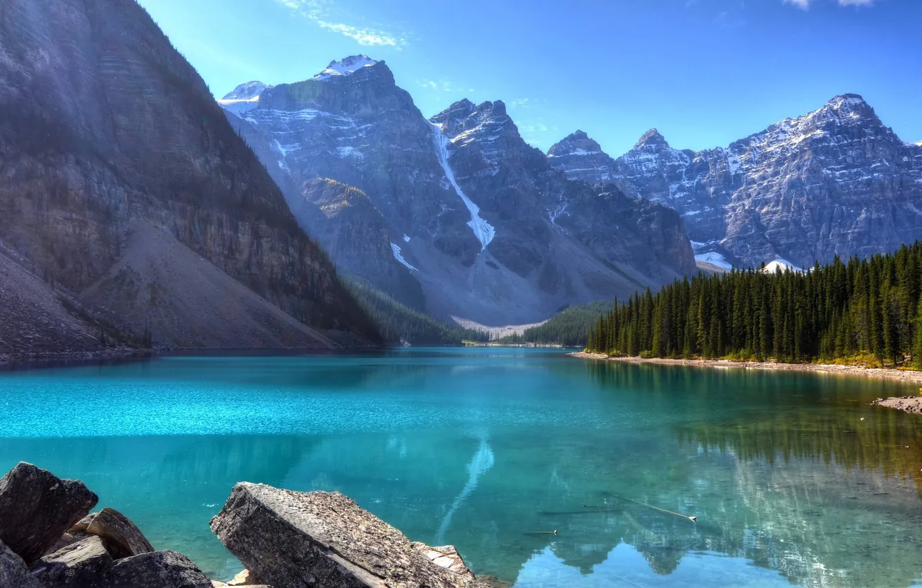 Photo wallpaper forest, the sky, clouds, trees, landscape, mountains, nature, lake